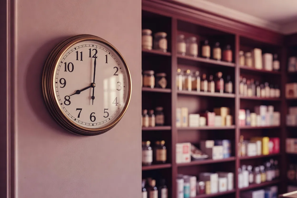 Horloge murale dans une pharmacie, rayonnages en arrière-plan