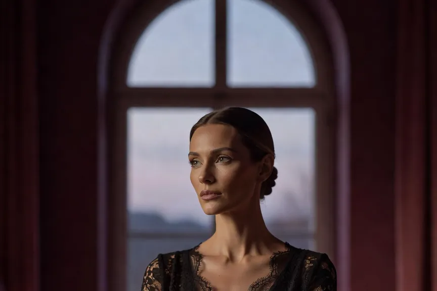 Femme en robe de dentelle noire devant une fenêtre au crépuscule