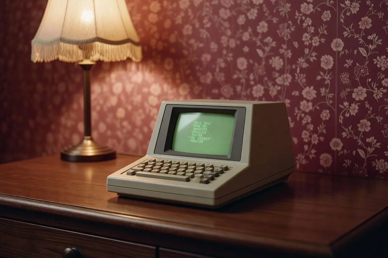 Terminal Minitel beige allumé sur un bureau en bois, ambiance années 1980