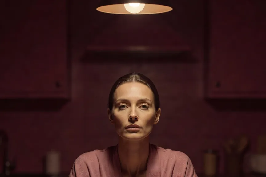Femme en cardigan assise à une table de cuisine, téléphone à fil et carnet devant elle