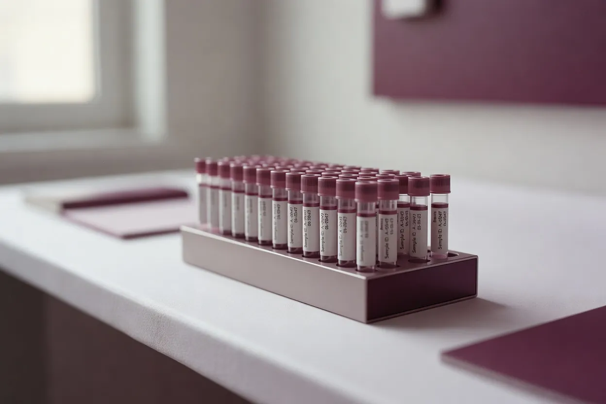 Tubes de prélèvement étiquetés sur une paillasse de laboratoire