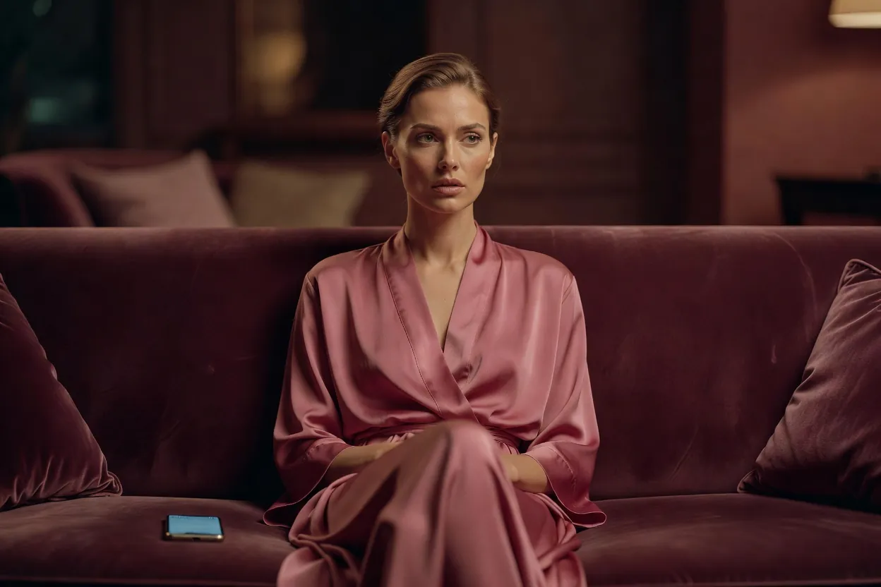 Femme en peignoir de soie détournant le regard de son téléphone, le soir