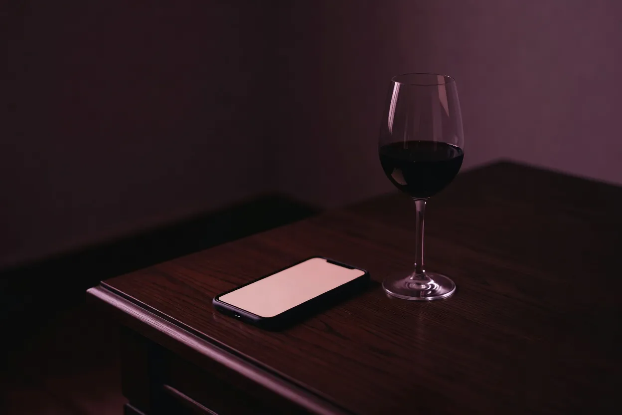Femme en peignoir de soie détournant le regard de son téléphone, le soir