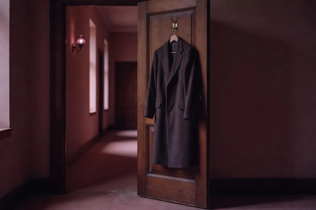 Porte entrouverte sur un couloir éclairé de lumière prune