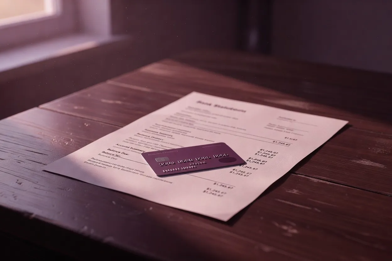 Relevé bancaire et carte posés sur une table, lumière du matin