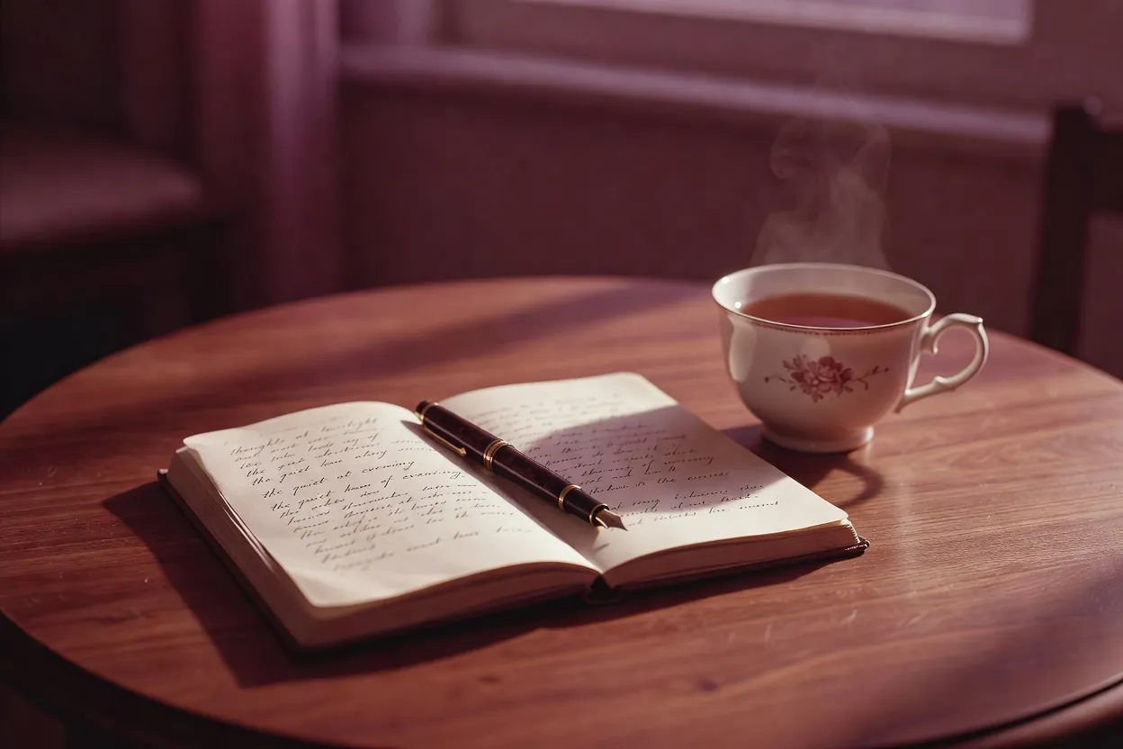 Carnet ouvert et stylo plume sur une table de bois au crépuscule