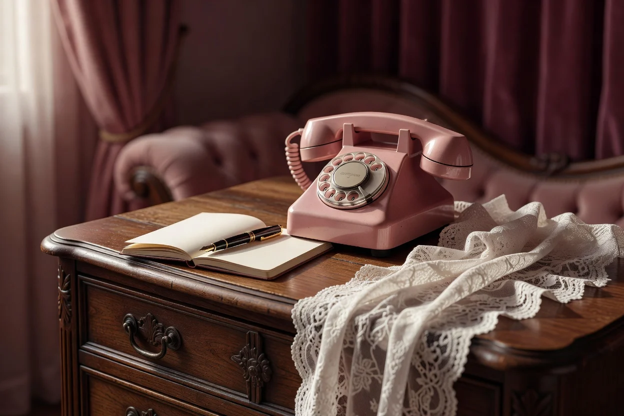 Nature morte : téléphone à cadran rose pâle, carnet ouvert et dentelle posée sur une commode ancienne