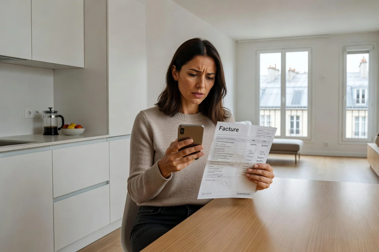 Femme regardant son téléphone portable avec une facture imprimée à la main, assise à une table de cuisine en journée