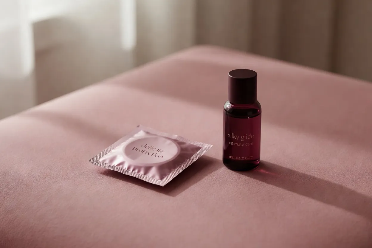 Préservatif scellé et flacon de lubrifiant sur un fond de papier rose