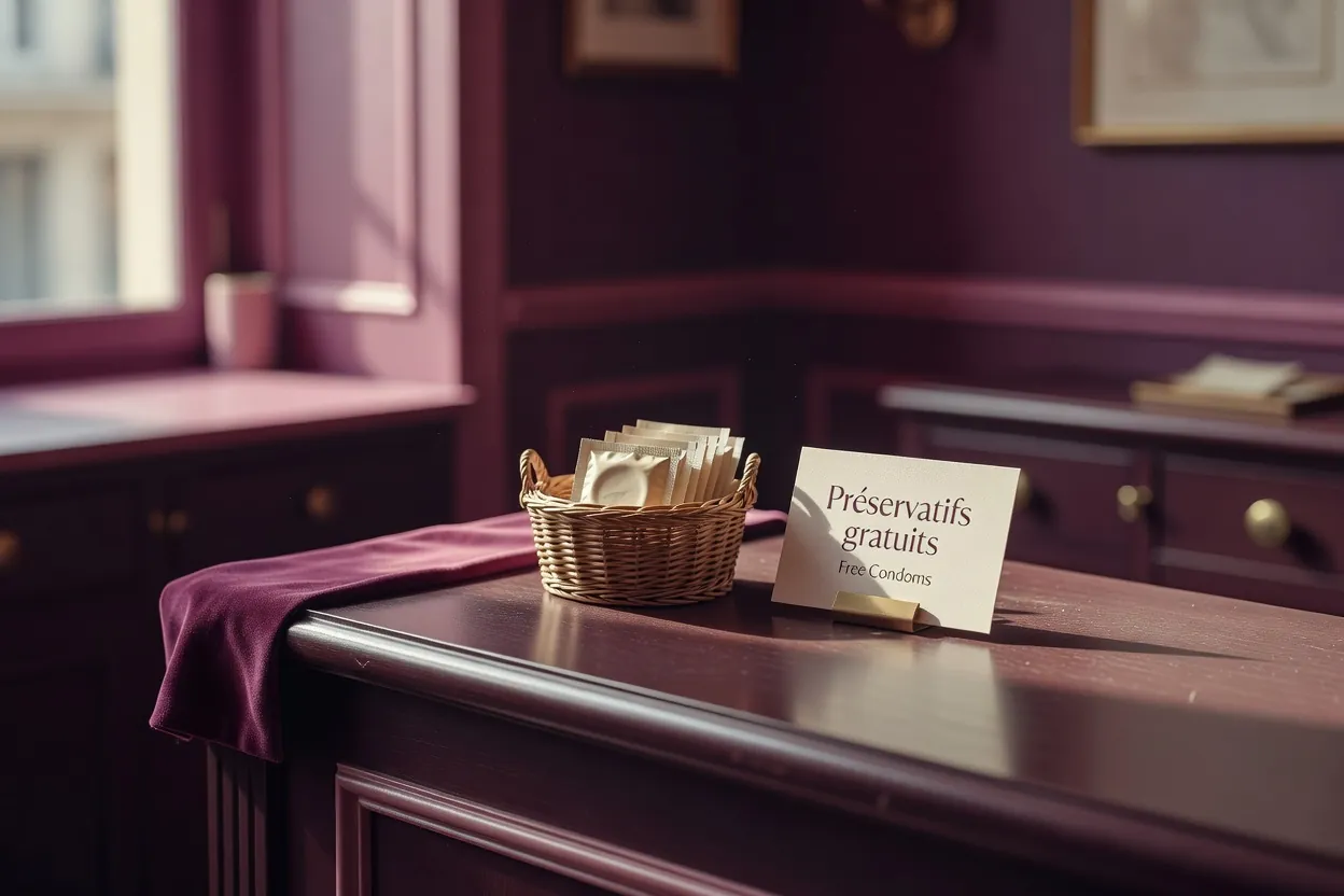 Préservatif scellé et flacon de lubrifiant sur un fond de papier rose
