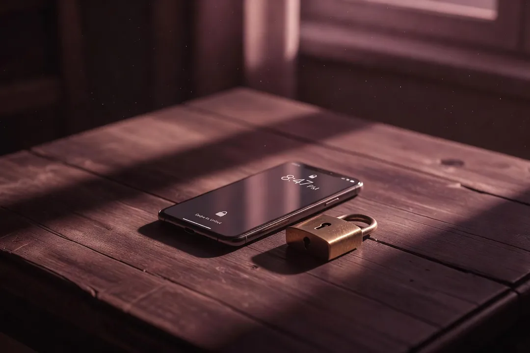 Téléphone verrouillé posé près d'un petit cadenas de laiton