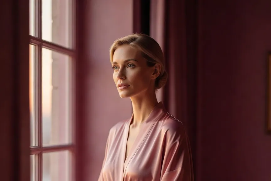 Femme en peignoir de soie à une fenêtre au petit matin