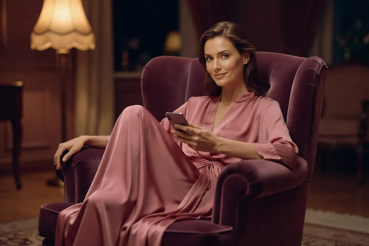 Femme en peignoir de soie écrivant sur son téléphone dans un fauteuil