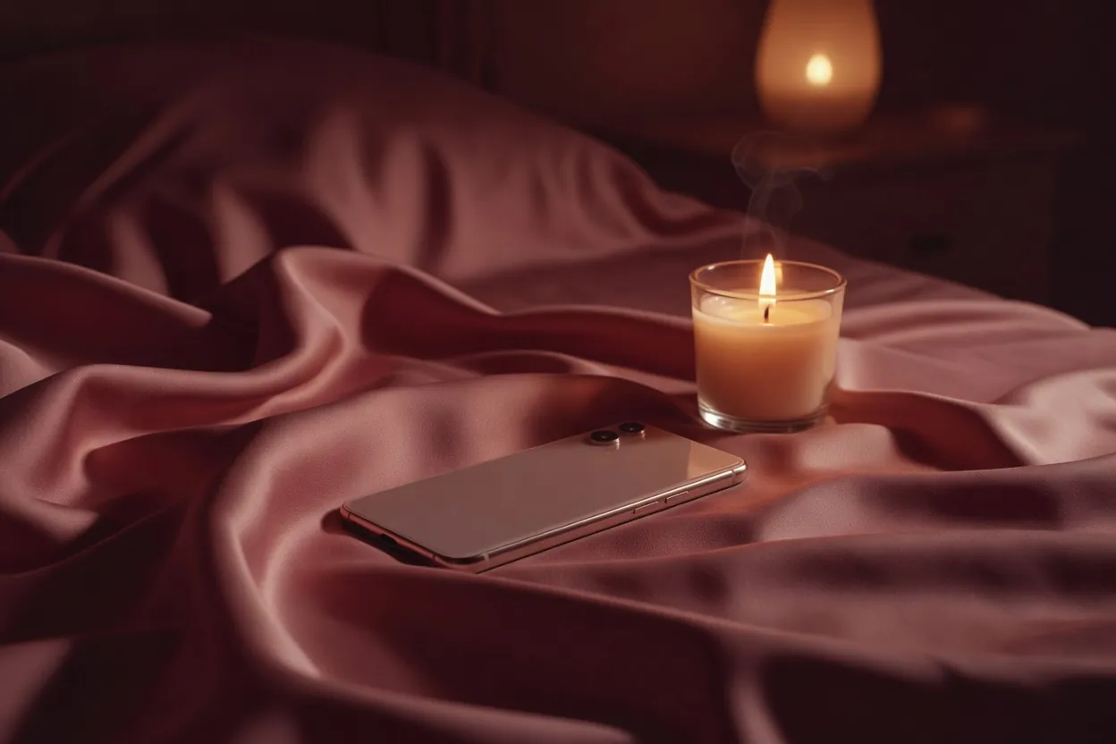 Femme en peignoir de soie écrivant sur son téléphone dans un fauteuil