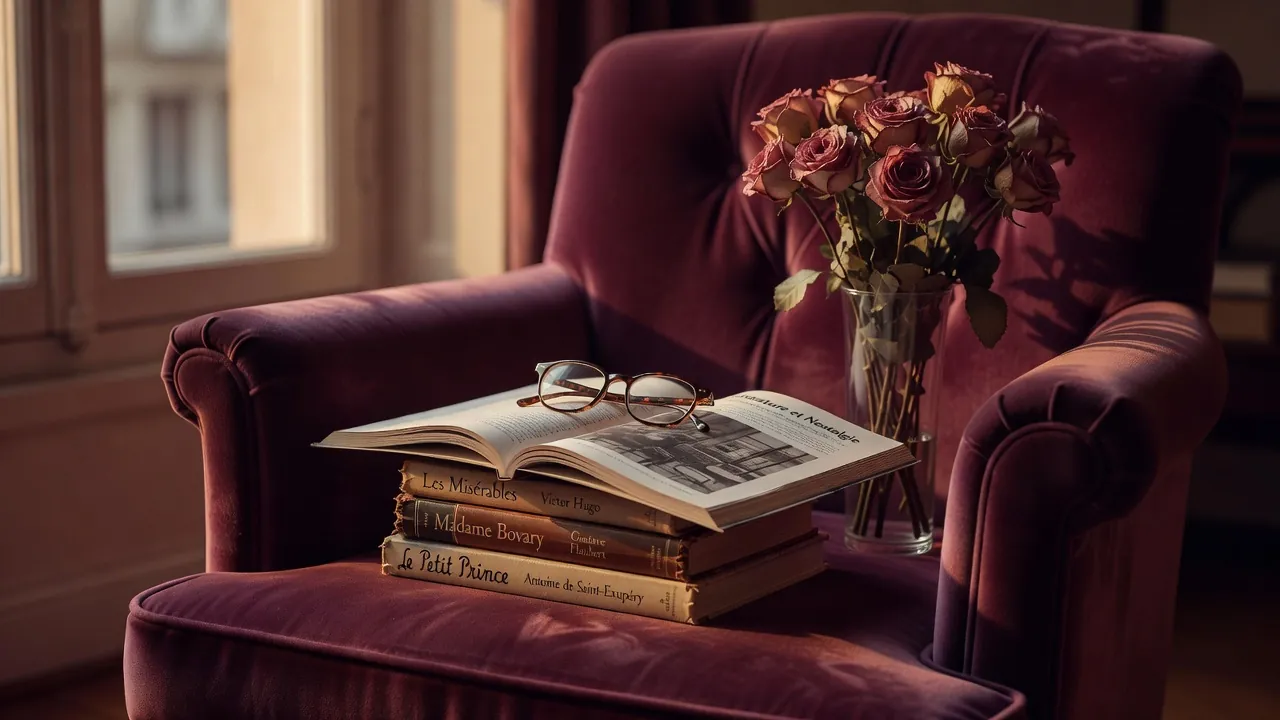 Livres et magazine ouverts sur un fauteuil de velours prune