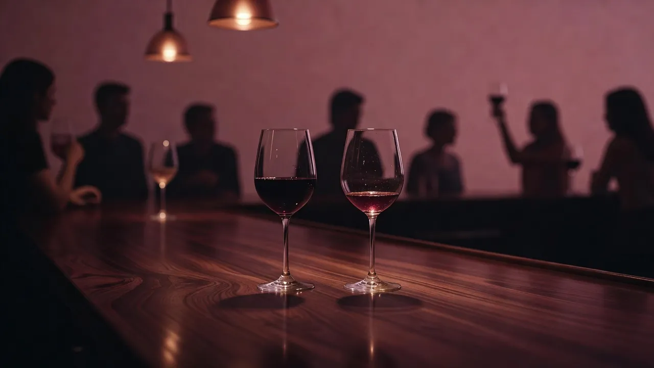 Deux verres de vin sur un comptoir de bois sombre, lumière ambrée