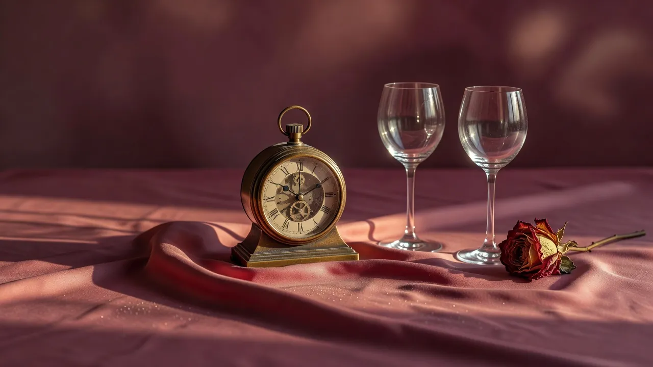 Pendulette de laiton près de deux verres vides et d'une rose séchée
