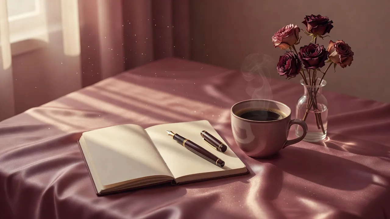 Carnet ouvert et stylo plume sur une étoffe de soie rose