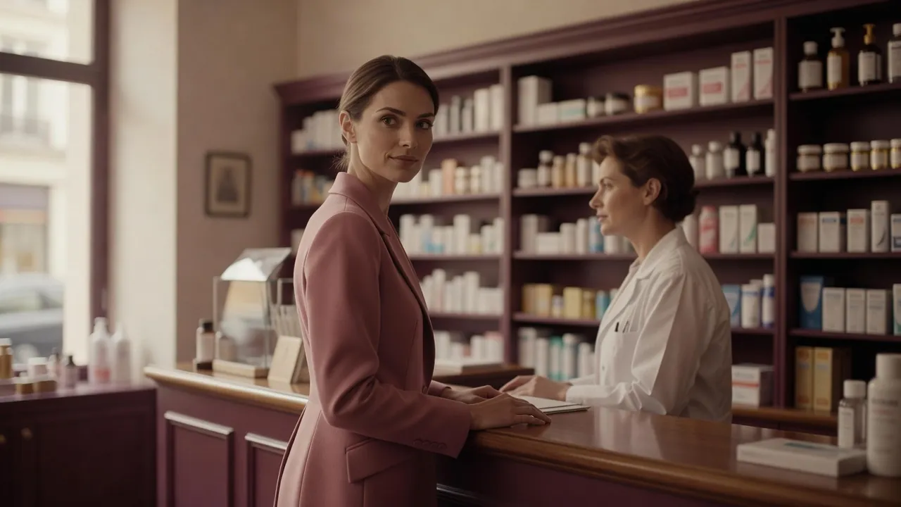Femme en manteau rose au comptoir d'une pharmacie