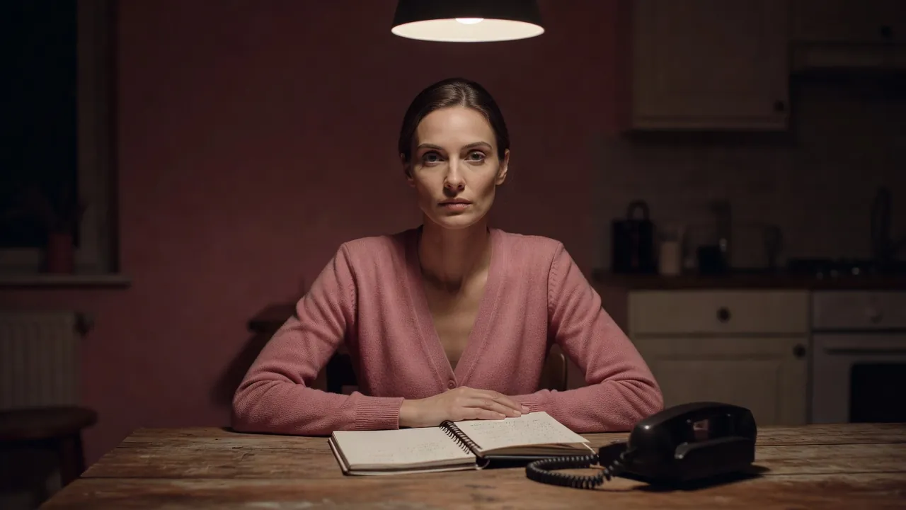 Femme en cardigan assise à une table de cuisine, téléphone à fil et carnet devant elle