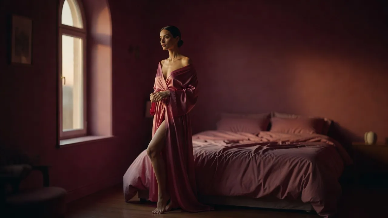 Femme en peignoir de soie devant une fenêtre au petit matin