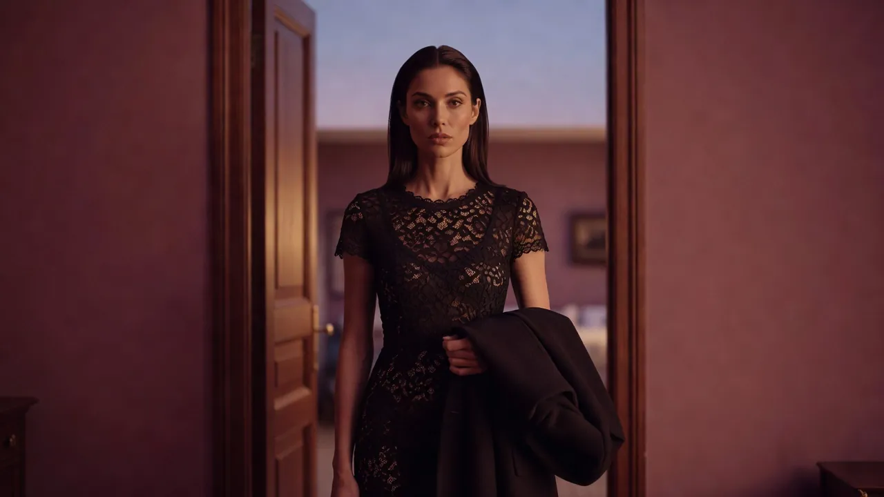 Femme en robe de dentelle noire dans l'embrasure d'une porte, manteau sur le bras
