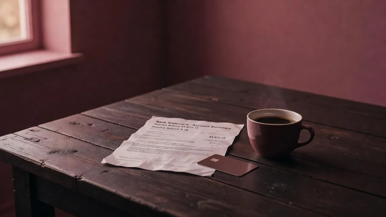 Relevé bancaire et carte sur une table en bois, lumière du matin