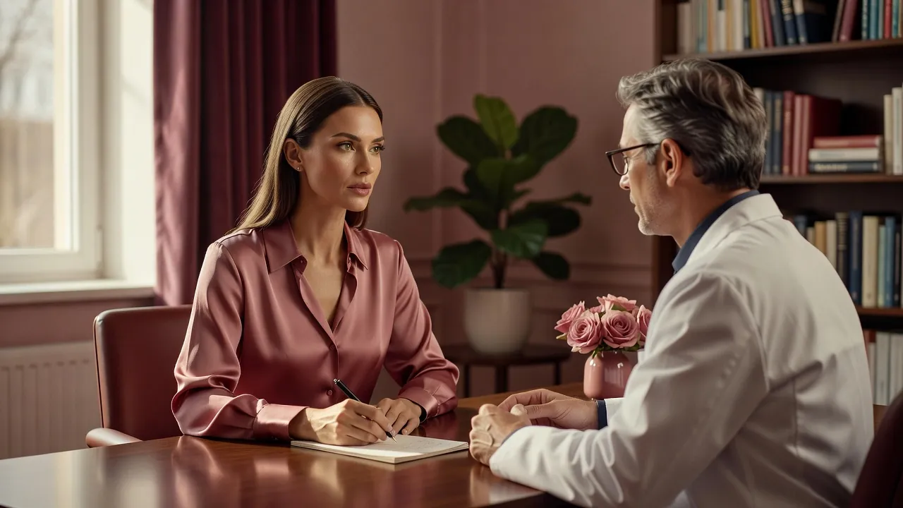 Femme en chemisier de soie en consultation médicale, prenant des notes