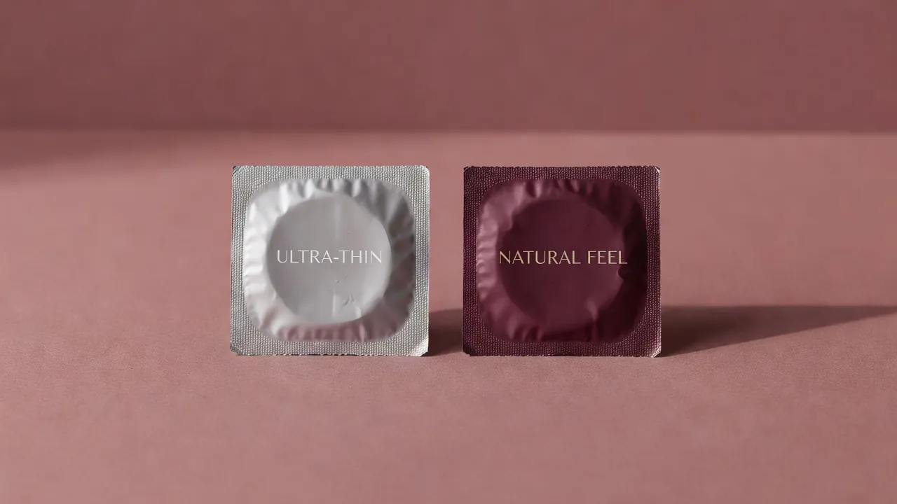 Deux préservatifs de types différents sur une surface de papier rose, lumière douce