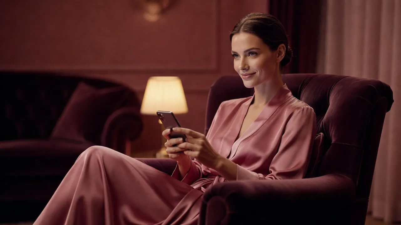 Femme en peignoir de soie écrivant sur son téléphone dans un fauteuil